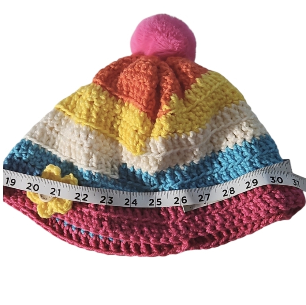Hand Crafted Crochet Beanie Oversized Multicolored Pink pompom winter hat unique - Picture 14 of 17